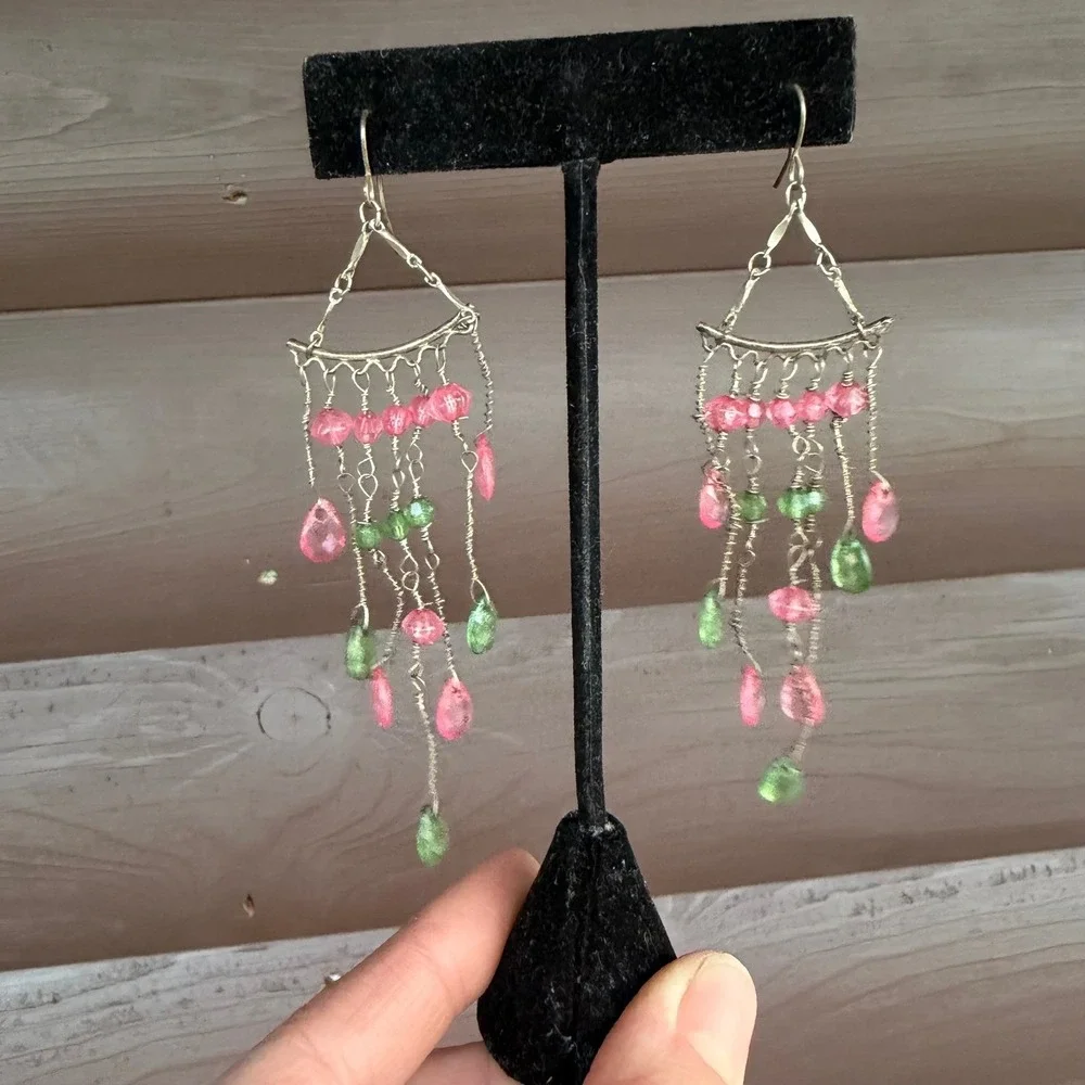 Chandelier Drop Earrings Womens Pink Green Beaded Boho Dangle Waterfall 3.5